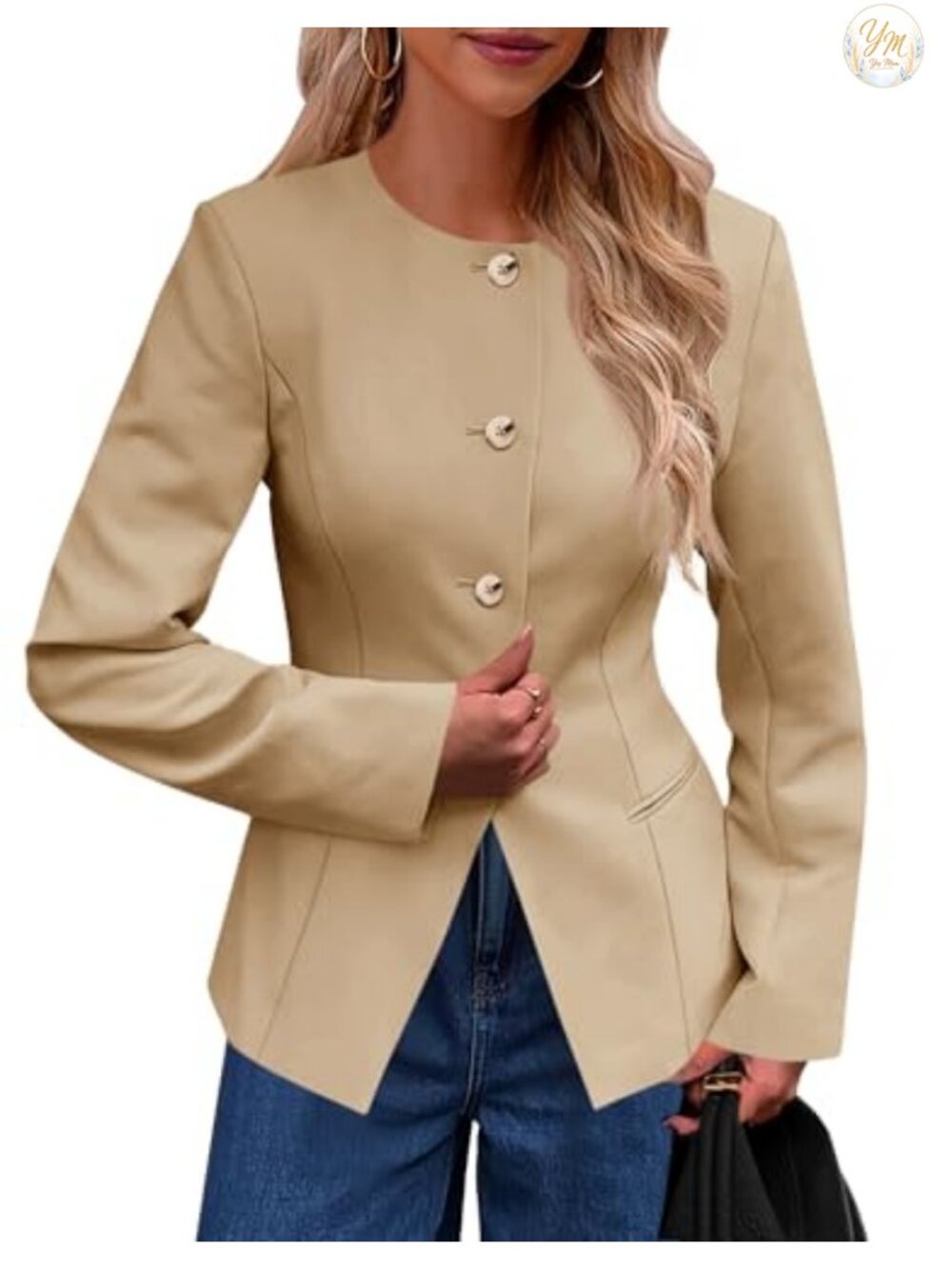 Women's Collarless Fitted Blazer Button Down Split Hem Business Casual